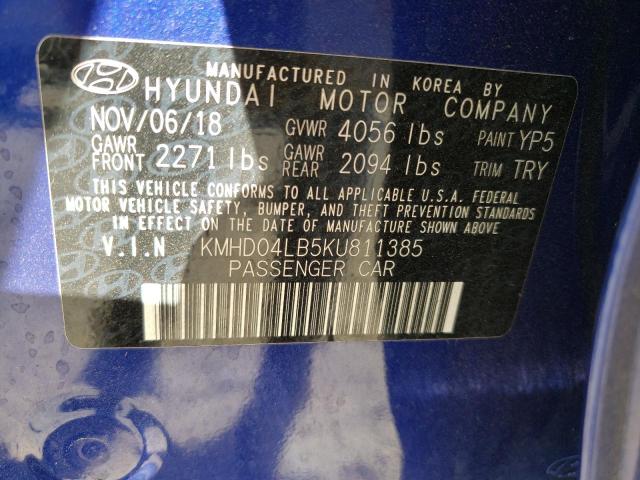 KMHD04LB5KU811385 - 2019 HYUNDAI ELANTRA SP BLUE photo 10