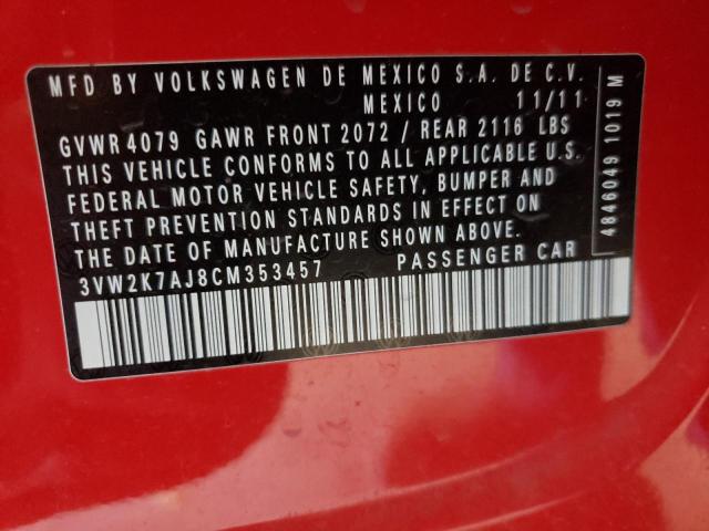 3VW2K7AJ8CM353457 - 2012 VOLKSWAGEN JETTA BASE RED photo 10