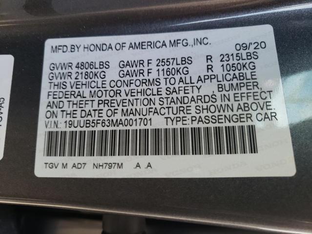 19UUB5F63MA001701 - 2021 ACURA TLX ADVANC GRAY photo 10