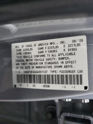 1HGCP2F40AA001127 - 2010 HONDA ACCORD LXP SILVER photo 10