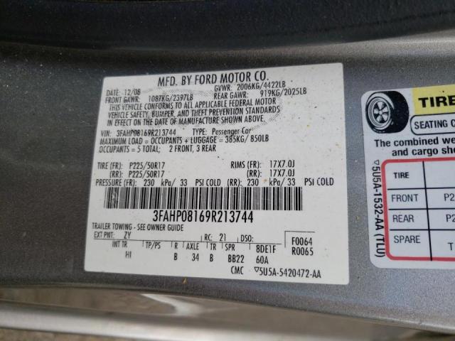 3FAHP08169R213744 - 2009 FORD FUSION SEL SILVER photo 10