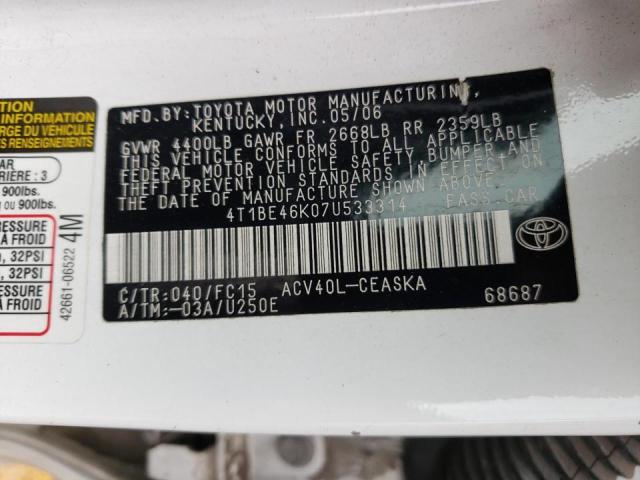 4T1BE46K07U533314 - 2007 TOYOTA CAMRY CE WHITE photo 10