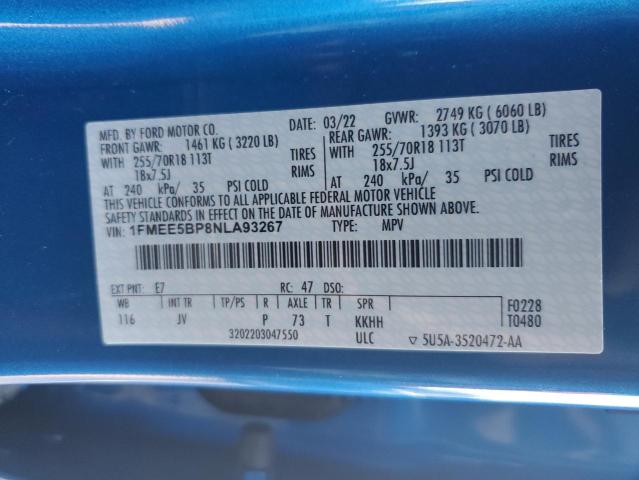 1FMEE5BP8NLA93267 - 2022 FORD BRONCO BAS BLUE photo 10