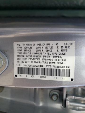 1HGCP2F42AA039314 - 2010 HONDA ACCORD LXP SILVER photo 10