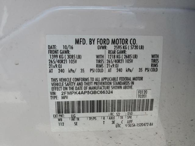 2FMPK4AP5GBC66324 - 2016 FORD EDGE SPORT WHITE photo 10