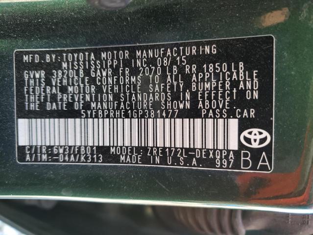 5YFBPRHE1GP381477 - 2016 TOYOTA COROLLA EC GREEN photo 10