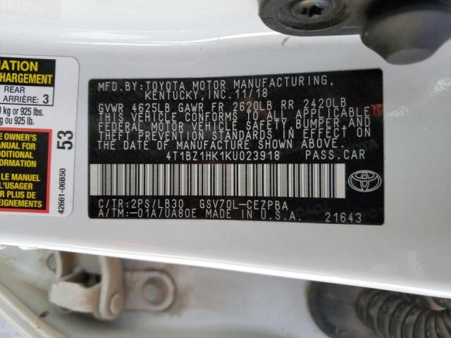 4T1BZ1HK1KU023918 - 2019 TOYOTA CAMRY XSE WHITE photo 10