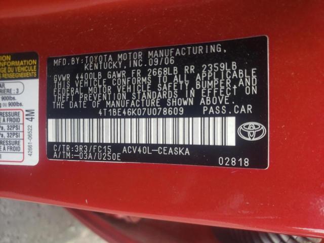 4T1BE46K07U078609 - 2007 TOYOTA CAMRY CE RED photo 10