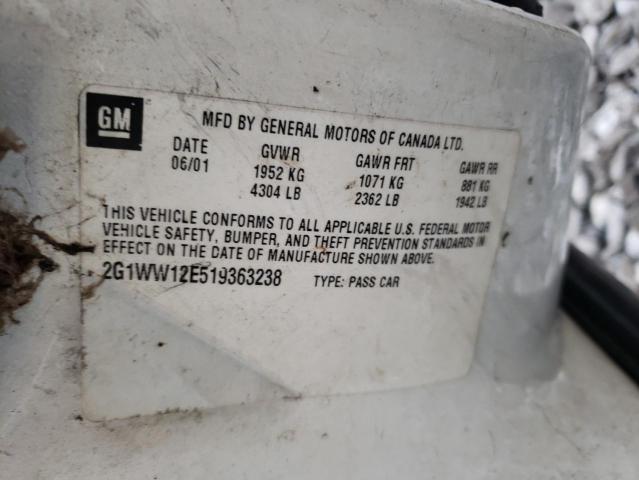 2G1WW12E519363238 - 2001 CHEVROLET MONTE CARL თეთრი ფოტო 10