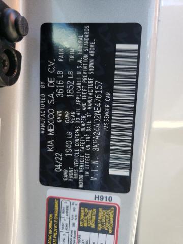 3KPA24AD2NE476157 - 2022 KIA RIO LX SILVER photo 10