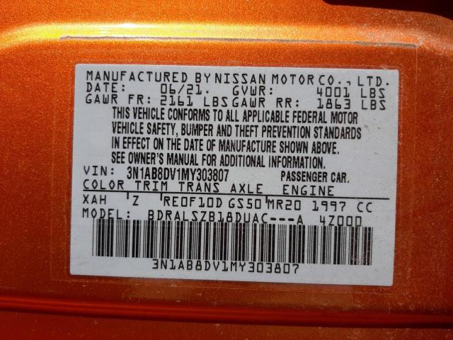 3N1AB8DV1MY303807 - 2021 NISSAN SENTRA SR ORANGE photo 10