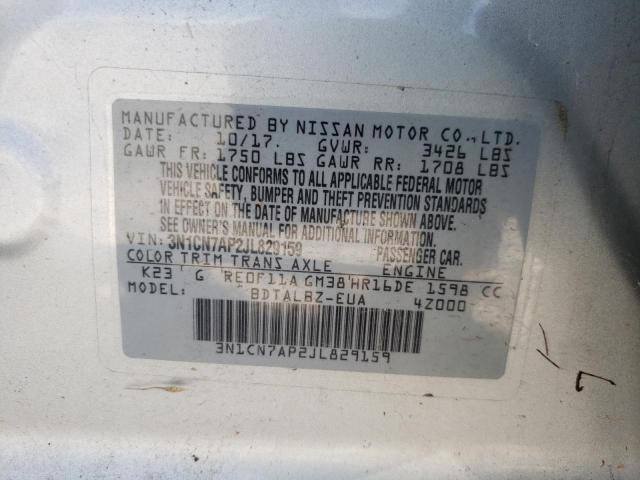 3N1CN7AP2JL829159 - 2018 NISSAN VERSA S SILVER photo 10