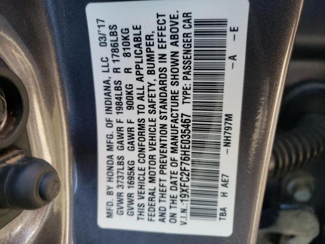 19XFC2F76HE035467 - 2017 HONDA CIVIC EX GRAY photo 10