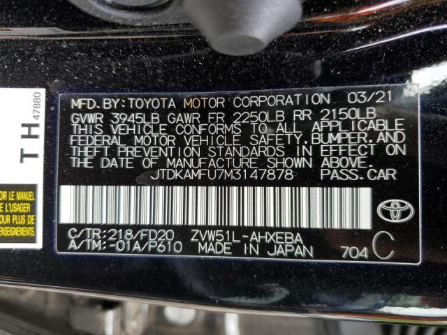 JTDKAMFU7M3147878 - 2021 TOYOTA PRIUS SPEC BLACK photo 10