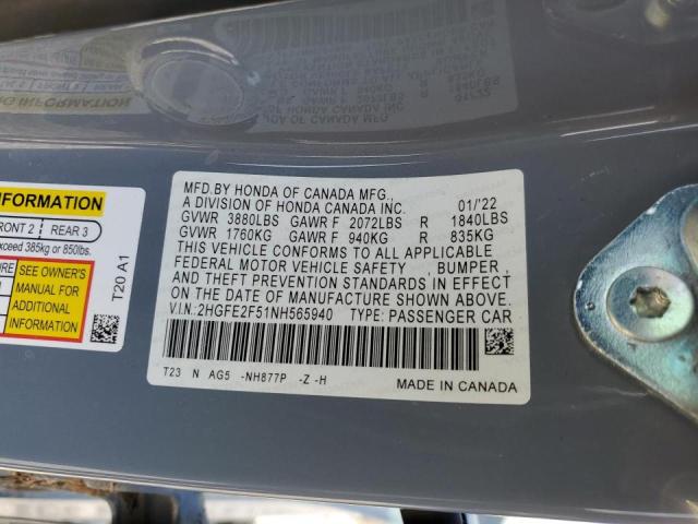 2HGFE2F51NH565940 - 2022 HONDA CIVIC SPOR GRAY photo 10