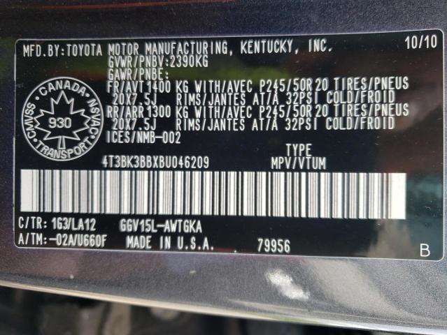 4T3BK3BBXBU046209 - 2011 TOYOTA VENZA GRAY photo 10