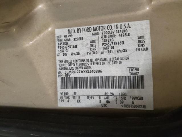 5LMRU27AXXLJ40886 - 1999 LINCOLN NAVIGATOR 金色 照片 10