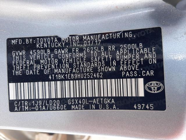 4T1BK1EB9HU252462 - 2017 TOYOTA AVALON XLE SILVER photo 10