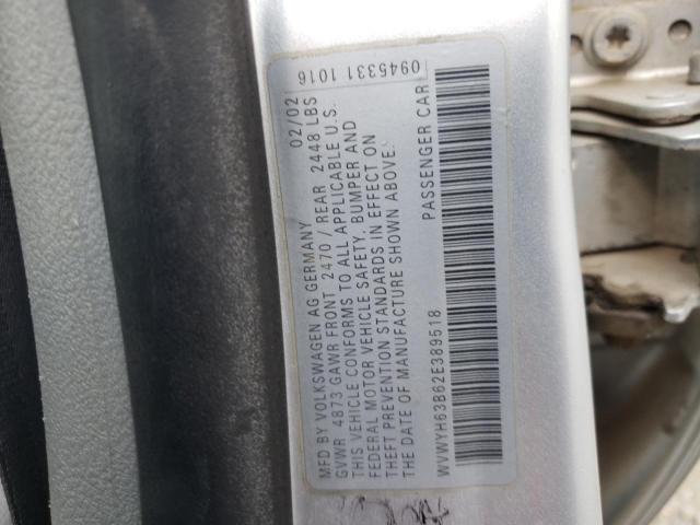 WVWYH63B62E389518 - 2002 VOLKSWAGEN PASSAT GLX SILVER photo 10