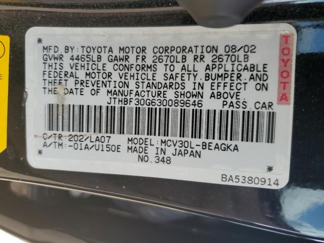 JTHBF30G630089646 - 2003 LEXUS ES 300 BLACK photo 10