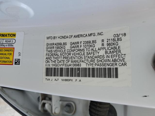 1HGCV1F53JA136983 - 2018 HONDA ACCORD EXL WHITE photo 10