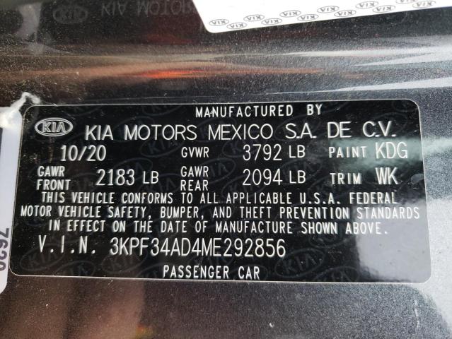 3KPF34AD4ME292856 - 2021 KIA FORTE GT L GRAY photo 10