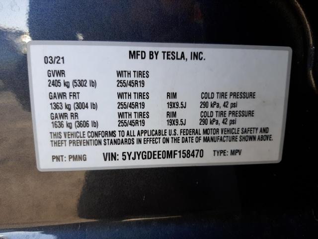 5YJYGDEE0MF158470 - 2021 TESLA MODEL Y GRAY photo 10