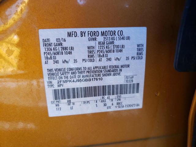 2FMPK4J95GBB17610 - 2016 FORD EDGE SEL ORANGE photo 10