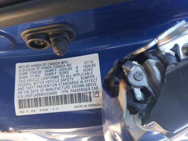 2HGFC4B89KH308456 - 2019 HONDA CIVIC SPOR BLUE photo 10