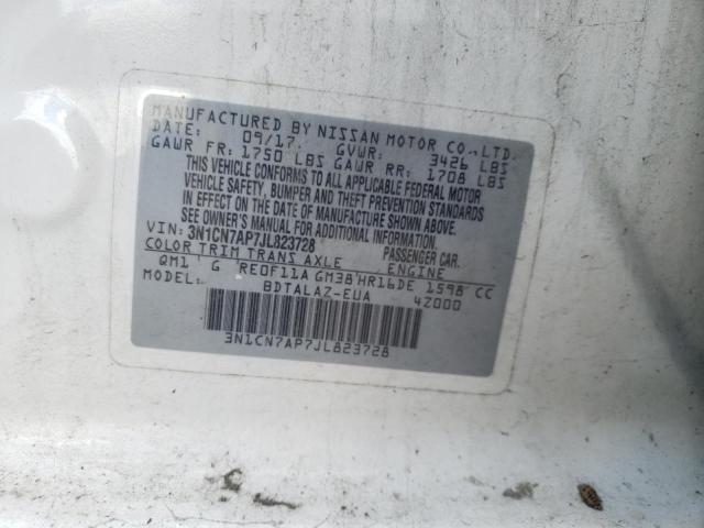 3N1CN7AP7JL823728 - 2018 NISSAN VERSA S WHITE photo 10