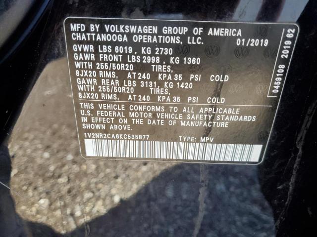 1V2NR2CA6KC535877 - 2019 VOLKSWAGEN ATLAS SEL BLACK photo 10