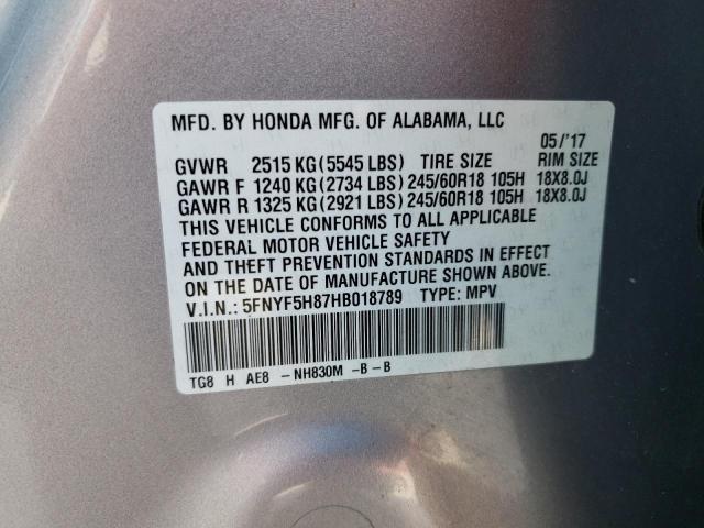 5FNYF5H87HB018789 - 2017 HONDA PILOT EXL SILVER photo 10