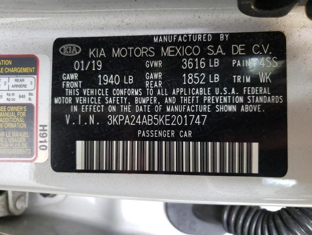 3KPA24AB5KE201747 - 2019 KIA RIO S SILVER photo 10