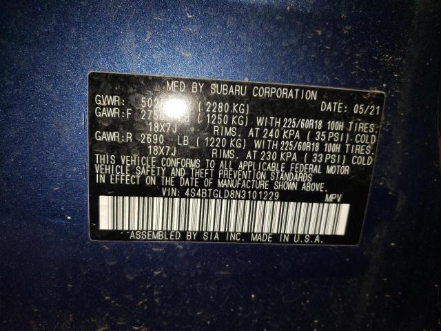 4S4BTGLD8N3101229 - 2022 SUBARU OUTBACK ON BLUE photo 10