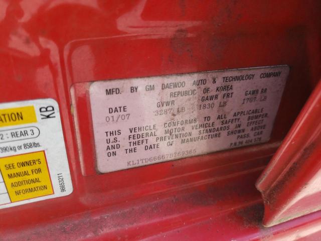 KL1TD66667B769365 - 2007 CHEVROLET AVEO BASE RED photo 10