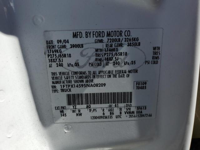 1FTPX14595NA08209 - 2005 FORD F150 WHITE photo 10