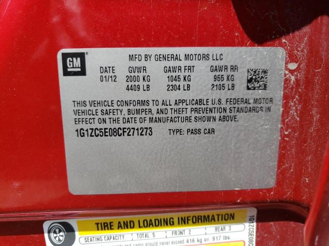 1G1ZC5E08CF271273 - 2012 CHEVROLET MALIBU 1LT წითელი ფოტო 10