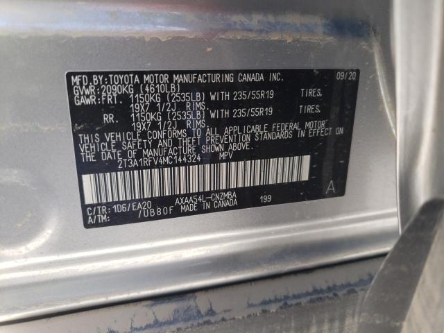 2T3A1RFV4MC144324 - 2021 TOYOTA RAV4 XLE P SILVER photo 10