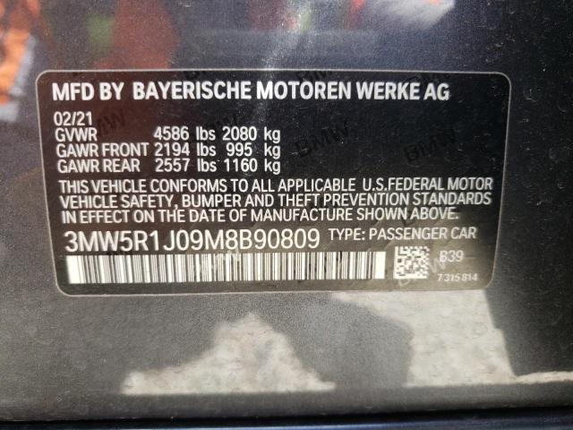 3MW5R1J09M8B90809 - 2021 BMW 330I GRAY photo 10