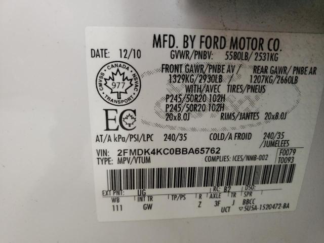 2FMDK4KC0BBA65762 - 2011 FORD EDGE LIMIT WHITE photo 10