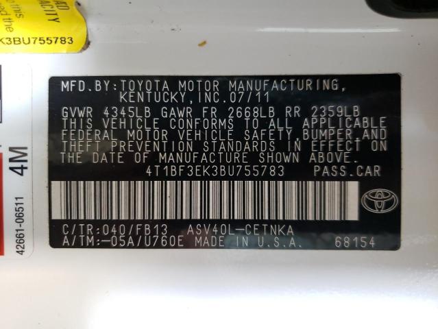 4T1BF3EK3BU755783 - 2011 TOYOTA CAMRY BASE WHITE photo 10