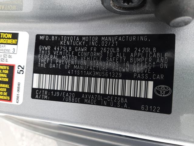 4T1S11AK3MU561329 - 2021 TOYOTA CAMRY NIGH SILVER photo 10