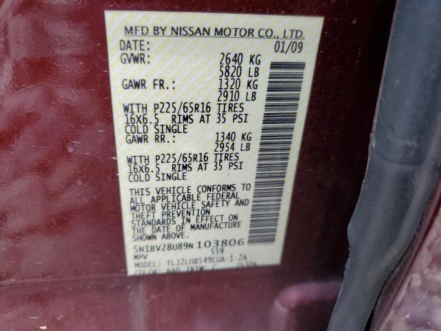 5N1BV28U89N103806 - 2009 NISSAN QUEST BURGUNDY photo 10