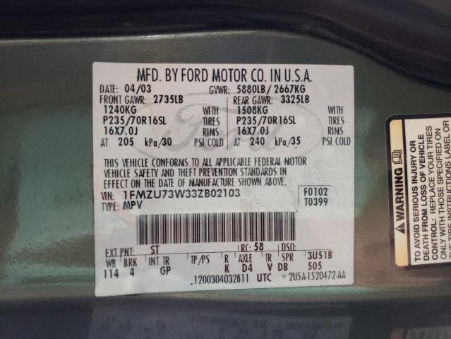 1FMZU73W33ZB02103 - 2003 FORD EXPLORER GREEN photo 10