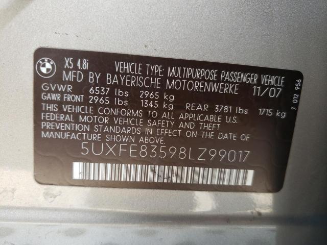 5UXFE83598LZ99017 - 2008 BMW X5 4.8I SILVER photo 10