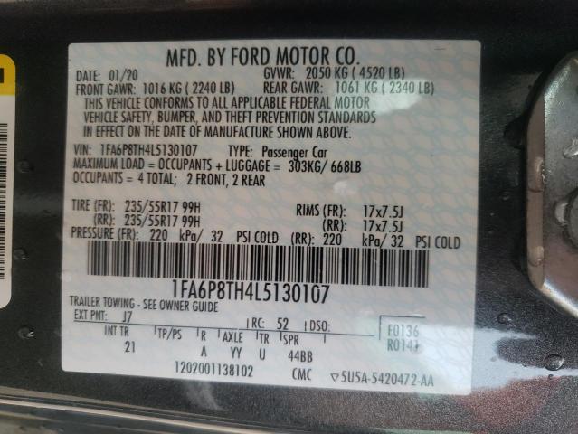 1FA6P8TH4L5130107 - 2020 FORD MUSTANG GRAY photo 10