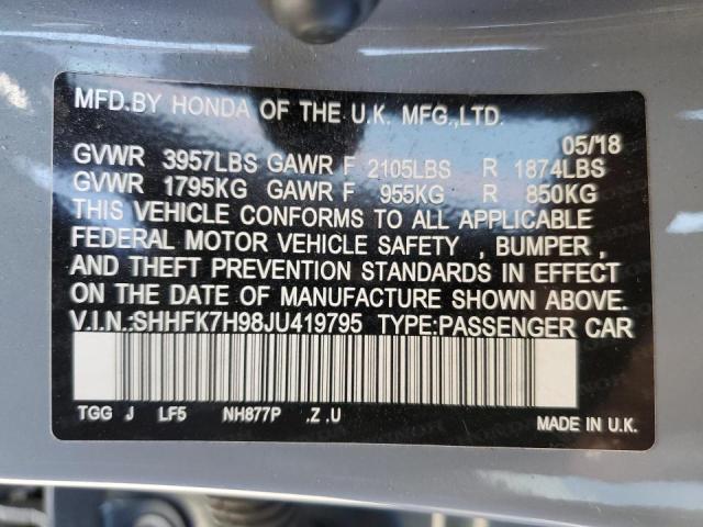 SHHFK7H98JU419795 - 2018 HONDA CIVIC SPOR GRAY photo 10