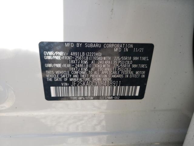 JF2SKAGCXNH418911 - 2022 SUBARU FORESTER S WHITE photo 10