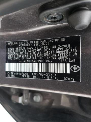 4T1C31AK6MU031922 - 2021 TOYOTA CAMRY LE GRAY photo 10