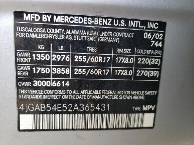 4JGAB54E52A365431 - 2002 MERCEDES-BENZ ML 320 SILVER photo 10